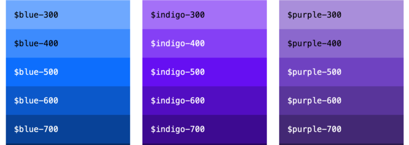 Screenshot from Bootstrap's color system showing three different hues with multiple shades each