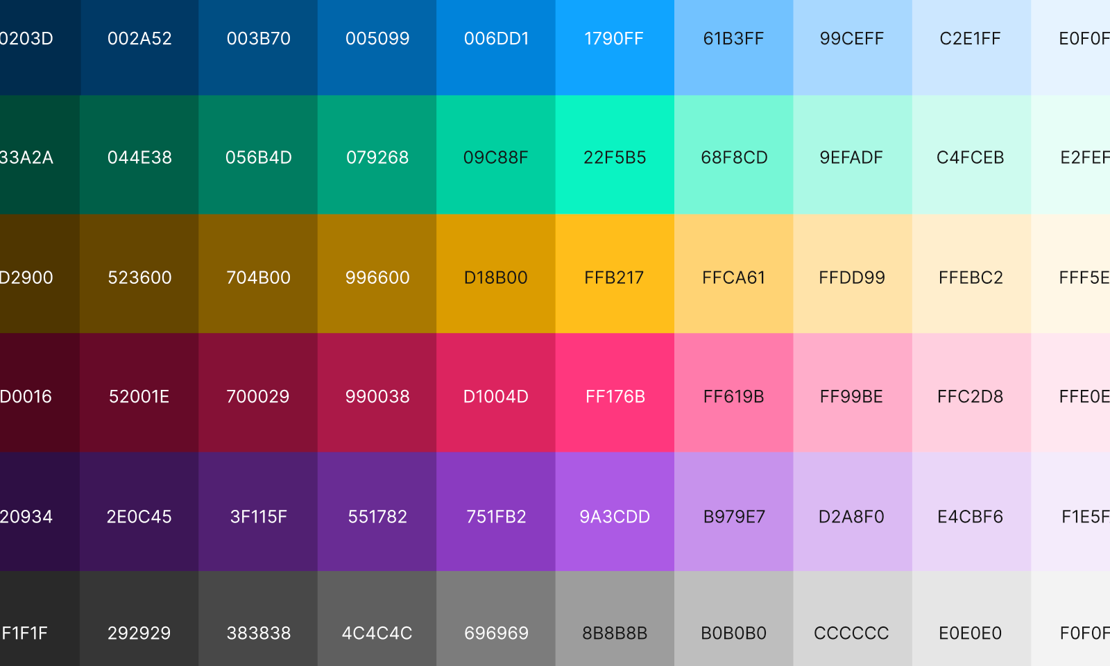 a matrix of color swatches, each labelled with a hex color code