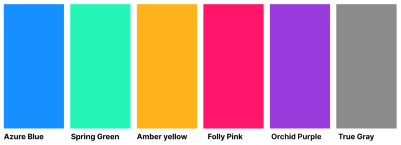 A base color palette with six unique names: 'azure blue', 'spring green', 'amber yellow', 'folly-pink', 'orchid purple', and 'true gray'