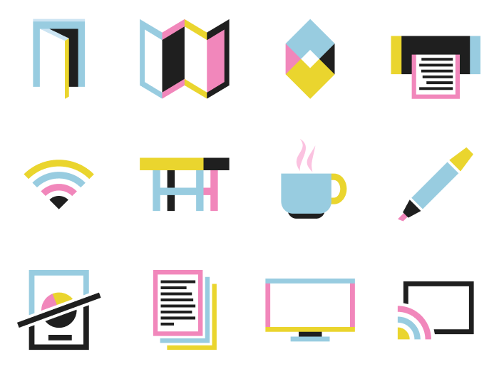 a set of twelve icons. Very simplistic shapes and flat colors. The set includes items related to offices, like tables, printers, wifi, etc.