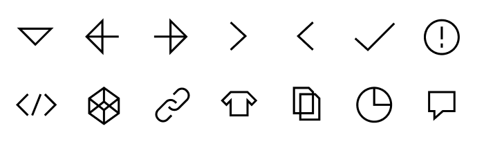 a set of 14 very simple geometric icons, including arrows, a checkmark, an alert, a text bubble, etc.