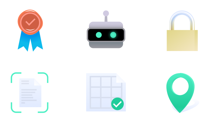 a set of six icons. Cartoonish and dimension. These icons have a surreal yet playful air about them. There is a seal of approval, a robot head, a padlock, two documents, and a map marker.