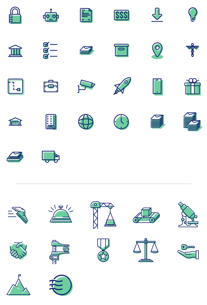 a set of twenty-six small icons and twelve slightly larger icons, that are duo tone. All the icons involve imagery that tell a story about mail. Envelopes, documents, mailboxes, delivery trucks, etc.