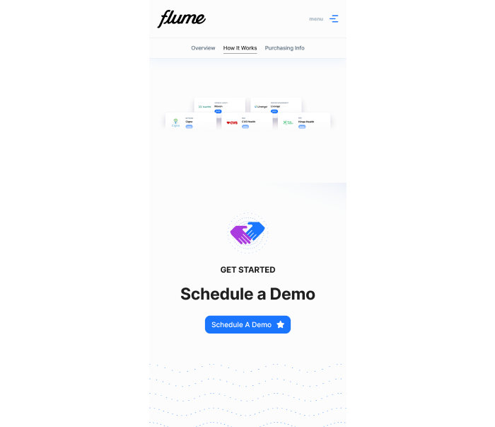 a view of Flume's website that shows a handshake icon above the title 'Get Started Schedule a Demo'