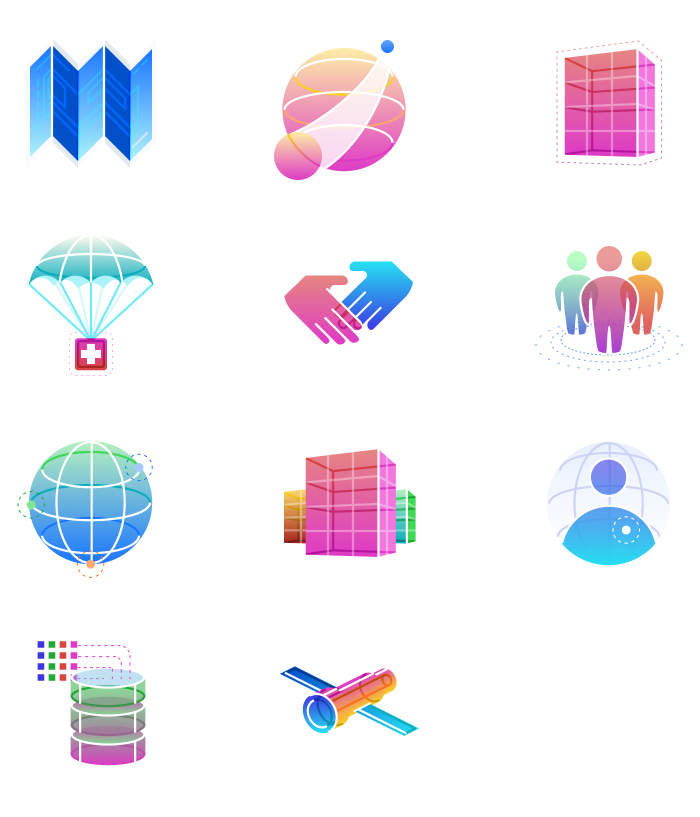 a set of 11 brightly colorful icons with smooth gradients and contour lines giving a three dimensional aesthetic.