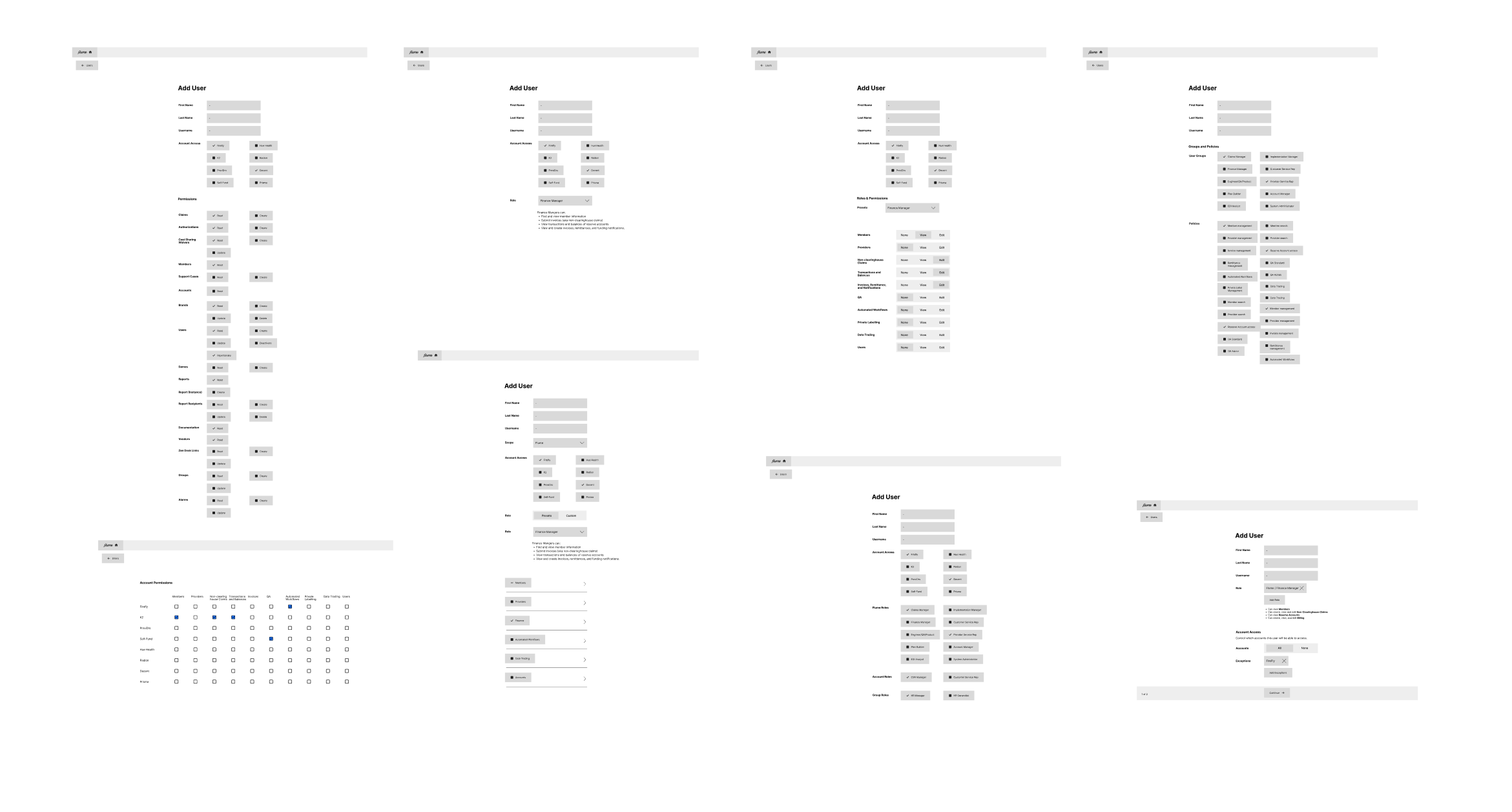 a handful of rough wireframes exploring different role selection paradigms