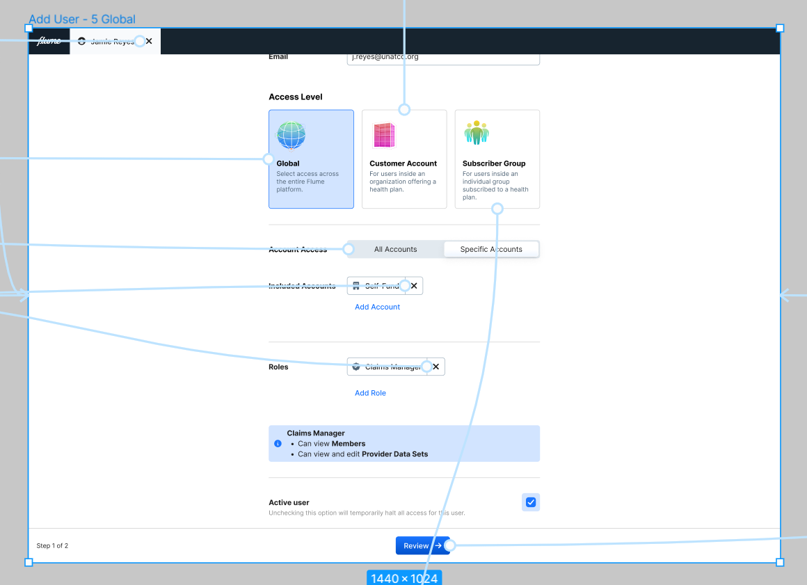 A full screen view of the form for adding a new user that also shows the behind-the-scenes connections of the prototype for user flow.